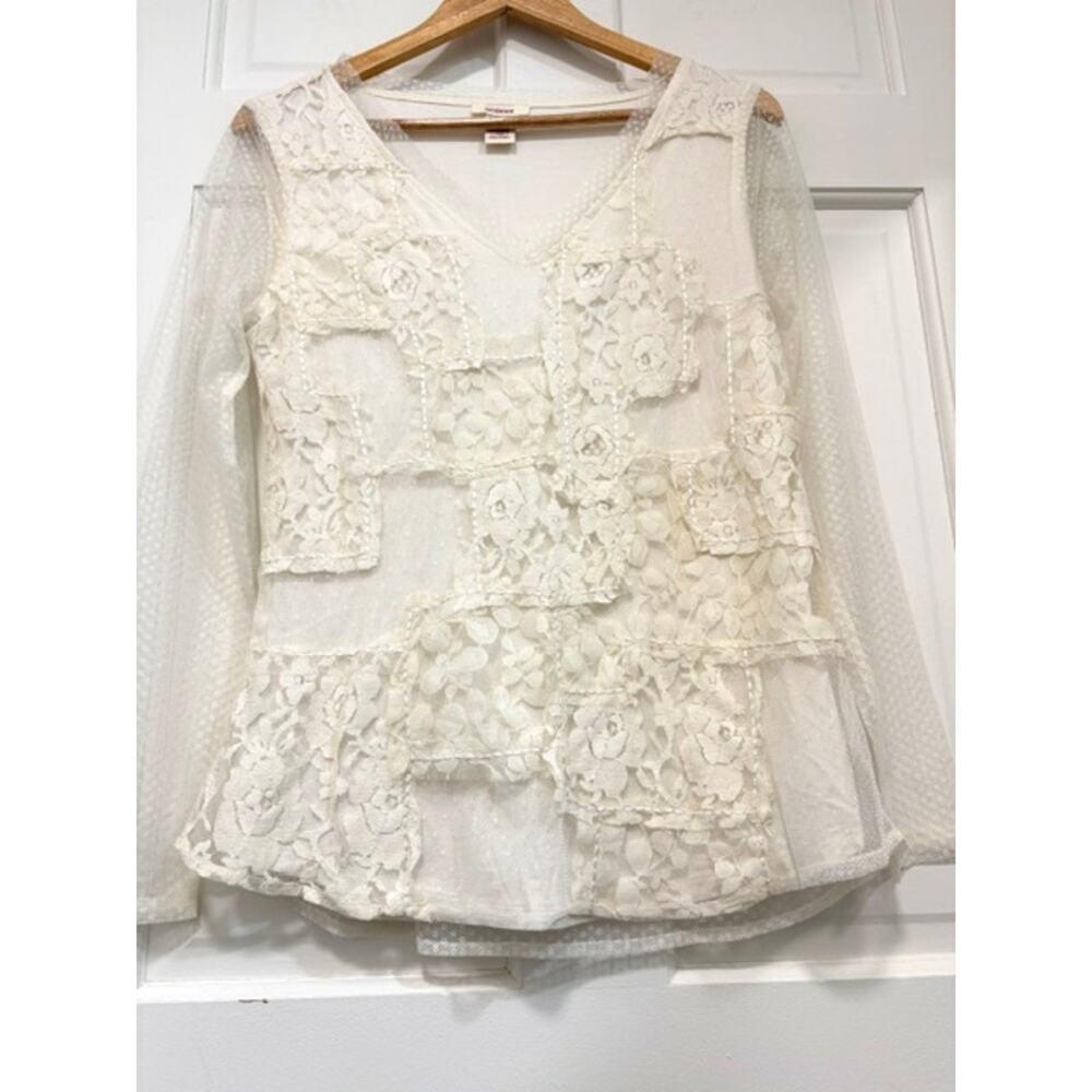 Sundance Lace Patchwork Blouse Small Cream Sheer Mesh Long Sleeve V-Neck Top - Picture 4 of 12